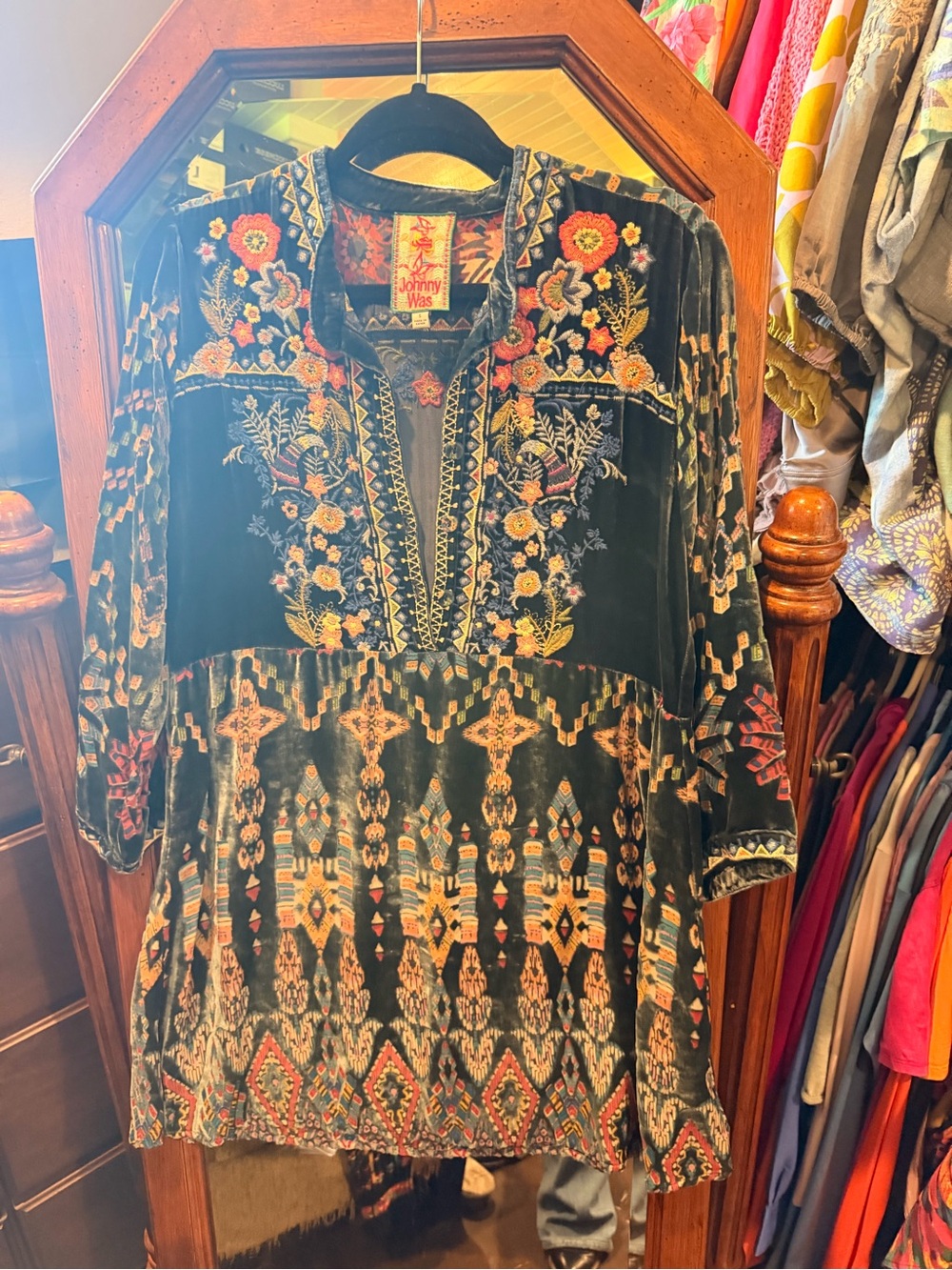 Johnny Was Black Velvet Multicolor Embroidered Tunic